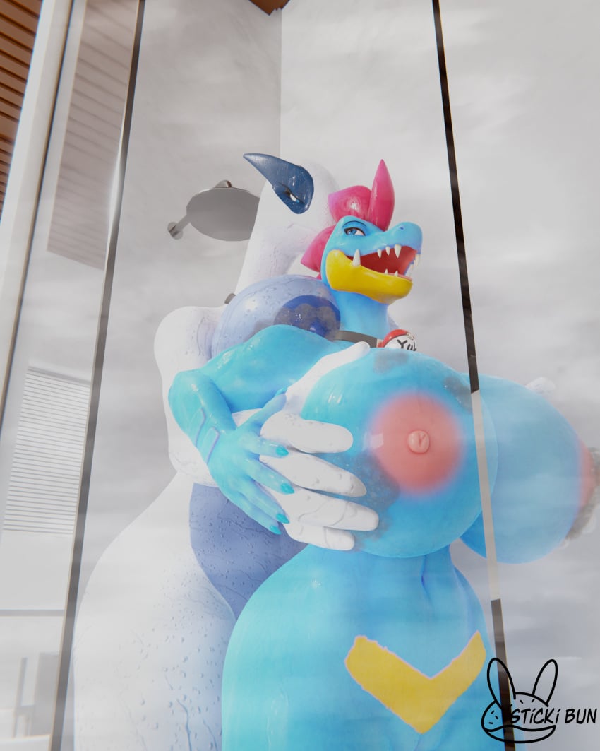 2022 3d_(artwork) absurd_res anthro areola bathing bathroom big_breasts blue_body breast_grab breasts digital_media_(artwork) duo eye_contact female female/female feraligatr furry generation_2_pokemon genitals grope groping_from_behind hand_on_breast hi_res holding_breast huge_breasts legendary_pokemon looking_at_another looking_back looking_pleasured lugia nintendo nipples nude open_mouth pink_areola pink_nipples pokemon pokemon_(species) pokemorph pussy reptile scalie shower showering size_difference smile standing steam sticki_bun suds thick_thighs tongue tongue_out water wet yugia_(evov1) yuki_(evov1) yukigatr_(evov1)