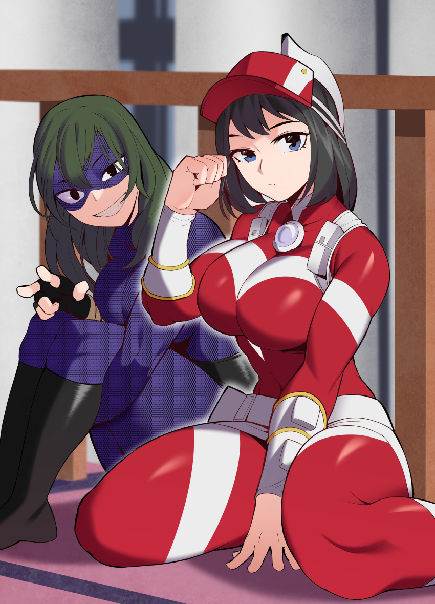 2girls big_breasts black_eyes black_hair blue_eyes bodysuit breasts eye_mask female_human female_only fingerless_gloves fit_female gauntlets gloves green_hair hat hero_outfit_(mha) human kneeling kodai_yui kopam large_breasts light-skinned_female long_hair looking_at_viewer mask my_hero_academia sharp_teeth short_hair sitting skin_tight slim_waist smile superhero_costume superheroine thick_thighs thighs tokage_setsuna v yui_kodai