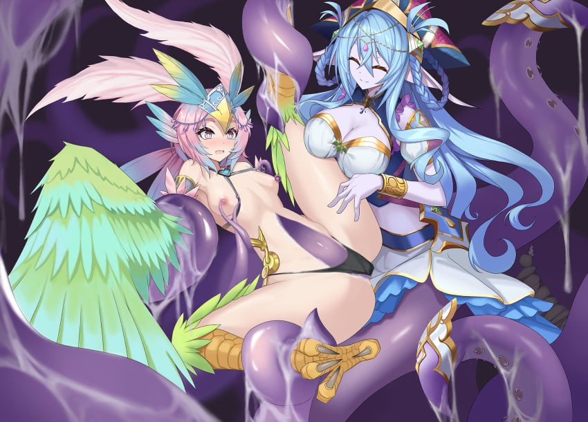 2girls animal_ears bian_qunqing bird_ears bird_legs black_panties blue_hair blush bracelet breasts carol_(clover_theater) chinese_commentary cleavage closed_eyes clover_theater colored_skin commentary_request consensual_tentacles feathers gradient_hair green_feathers green_wings hair_ornament harpy headdress highres imola_(clover_theater) jewelry large_breasts lifting_person long_hair monster_girl multicolored_hair multiple_girls navel nipple_tweak nipples open_mouth panties pink_hair pointy_ears purple_eyes purple_skin scylla short_hair slime_(substance) small_breasts talons tentacle underwear winged_arms wings