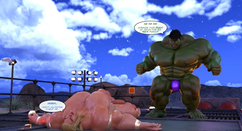 2boys 3d 3d_(artwork) bara beefy bulge defeat defeated defeated_hero defeated_male excessive_muscles extreme_muscles flaccid flaccid_cock flaccid_penis gay green-skinned_male green_skin hulk hulk_(series) human light-skinned_male light_skin luckystallion male male/male male_only male_ryona marvel muscular muscular_males studs text_bubble thor_(marvel) thor_(series) tight_clothing transparent_clothing yaoi