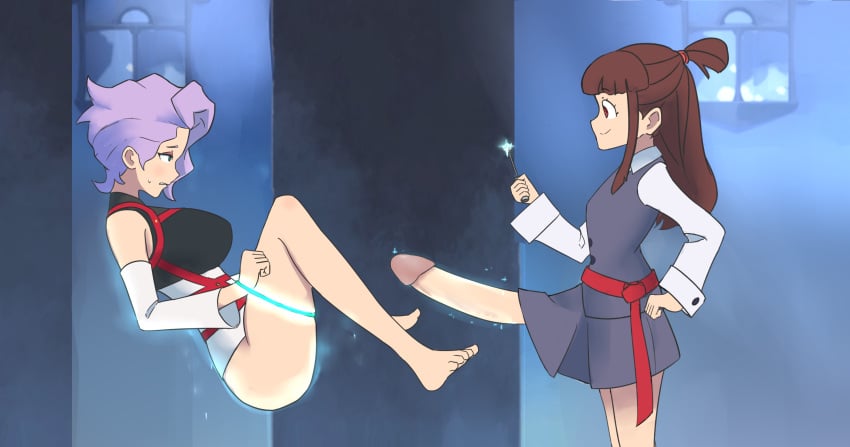 1futa 1girls akko_kagari big_breasts big_penis bottomless breasts brown_hair clothed clothing croix_meridies duo erection female futanari green_eyes huge_cock human levitation light-skinned_female light-skinned_futanari light_skin little_witch_academia long_hair long_penis magic mostly_clothed oksandio partially_clothed penis purple_hair red_eyes red_hair school_uniform short_hair side_view standing