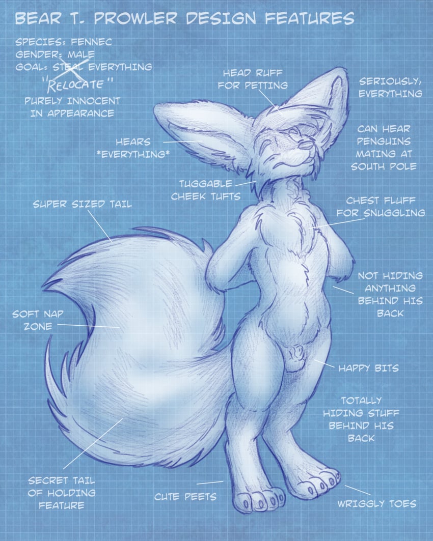 animal_genitalia anthro balls beartp canid canine closed_eyes english_text fennec flinters fluffy fluffy_tail fox fully_sheathed fur genitals hair hi_res male mammal sheath solo tail text