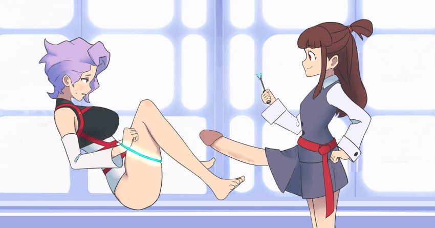 1futa 1girls akko_kagari balls big_breasts big_penis bottomless breasts brown_hair clothed clothing croix_meridies duo erection female futanari green_eyes huge_cock human levitation light-skinned_female light-skinned_futanari light_skin little_witch_academia long_hair long_penis magic mostly_clothed oksandio partially_clothed penis purple_hair red_eyes red_hair school_uniform short_hair standing