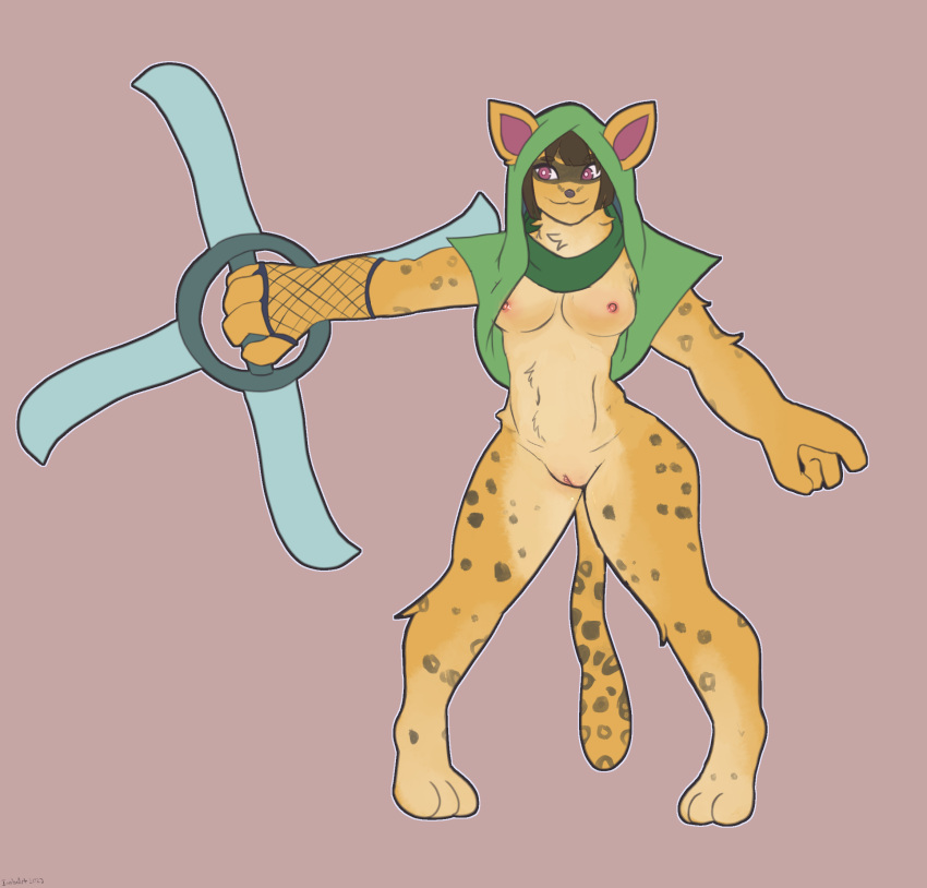 anthro areola breasts brown_hair countershading facial_markings felid feline female fishnet fishnet_armwear fur genitals hair head_markings hi_res holding_object holding_weapon hood inabaart leopard_spots leopardus mammal markings mask_(marking) mostly_nude nipples ocelot pussy ranged_weapon red_eyes scarf short_hair shuriken simple_background solo spots ta'liana weapon yellow_body yellow_fur