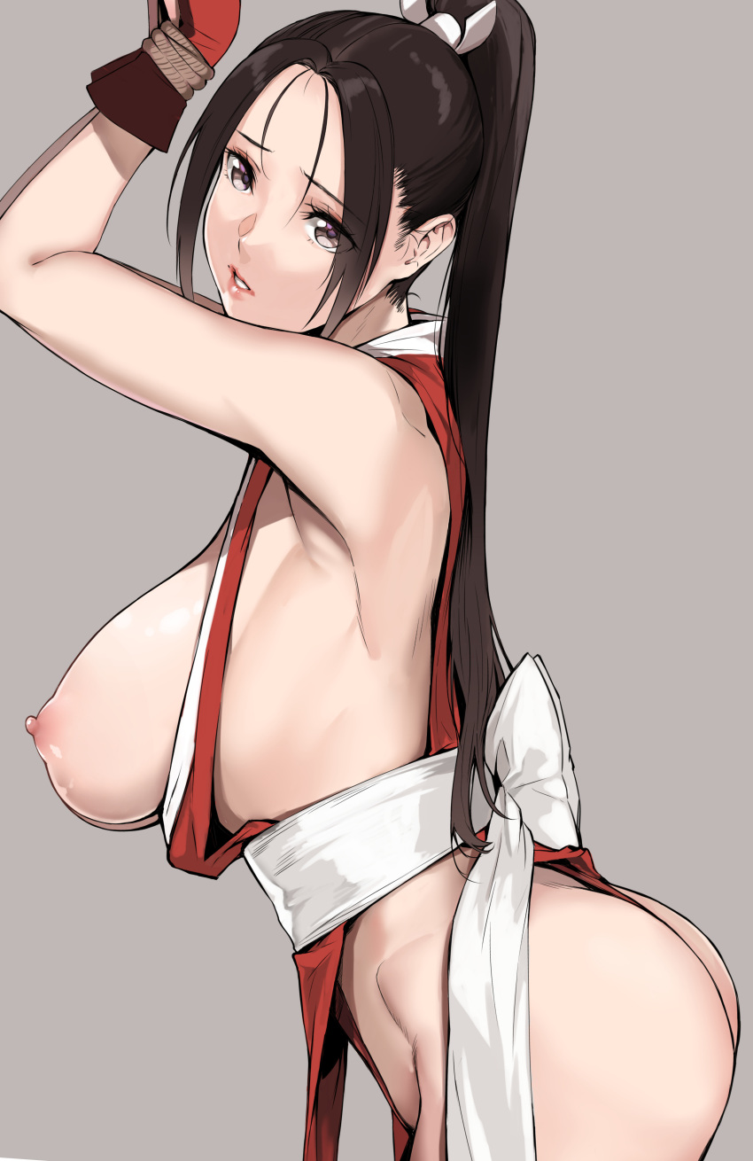 arm_guards armpits arms_up ass bangs bare_hips bare_shoulders bondage bound_wrists breasts brown_eyes brown_hair fatal_fury female grey_background high_ponytail high_resolution king_of_fighters large_breasts long_hair looking_at_viewer mai_shiranui ninja no_bra obi parted_bangs pelvic_curtain ponytail restrained revealing_clothes rope sash sideboob sidelocks simple_background solo tied_hair very_high_resolution wafuku yamaishi yamaishi108 yamaishi_(mukoubuti)