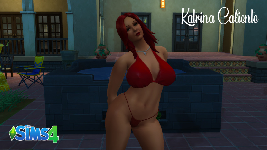 big_ass big_breasts bikini katrina_caliente red_hair the_sims_4 thick_thighs thong_bikini wallpaper