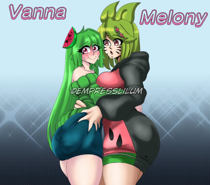 2girls alternate_version_available ass ass_grab blush blushing empresslilum female female/female female_focus female_only green_hair hand_on_butt hug hugging melony_(smg4) multiple_girls pantylines smg4 tagme vannamelon vannamelon_(copyright) yuri