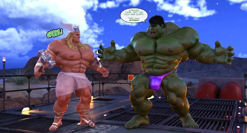 2boys 3d 3d_(artwork) barefoot beefy bulge excessive_muscles extreme_muscles feet flaccid flaccid_cock flaccid_penis gay green-skinned_male green_skin helmet hulk hulk_(series) human hyper_muscles light-skinned_male light_skin luckystallion male male/male male_only marvel muscular muscular_males studs text_bubble thor_(marvel) thor_(series) tight_clothing transparent_clothing weapon winged_helmet yaoi