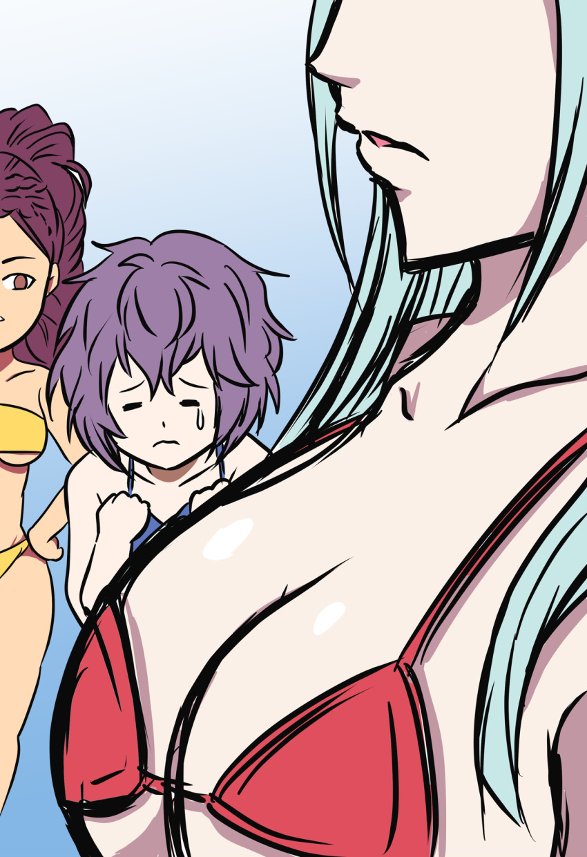 alternate_breast_size alternate_costume alternative_bust_size alternative_costume bernadetta_von_varley bikini blue_bikini blue_swimsuit breast_envy breasts cleavage edelgard_von_hresvelg female female_only fire_emblem fire_emblem:_three_houses girl_staring_at_guy's_chest large_breasts meme multiple_girls petra_macneary red_bikini red_swimsuit swimsuit tonsuke underboob yellow_bikini yellow_swimsuit