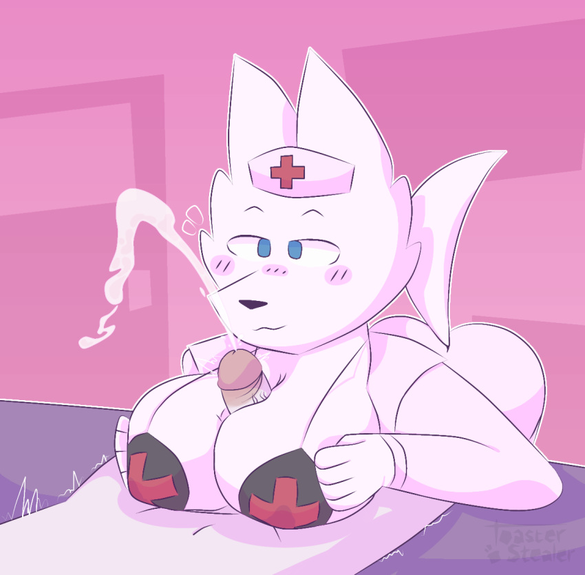 anon anthro background blue_eyes bra breasts cum cumming cumshot dra_mirth_(toasterstealer) fur furry grey_skin looking_at_cum looking_up nurse_hat open_clothes original_character paizuri penis smile tail text text_box thick_thighs titjob toasterstealer white_fur