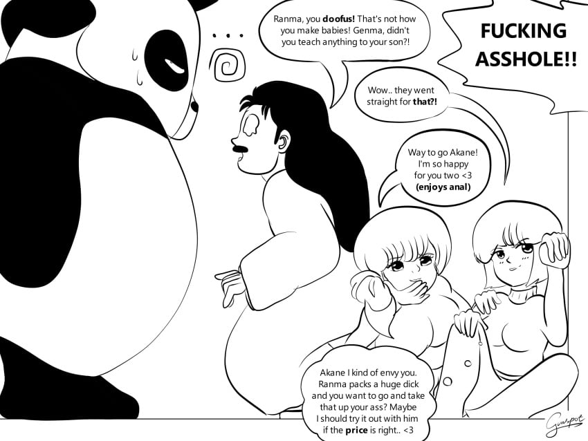 2boys 2girls angry blush breasts comic dialogue eavesdropping embarrassed envy father female funny genma_saotome ginspot humor kasumi_tendo looking_away monochrome moustache nabiki_tendo panda ranma_1/2 sisters soun_tendo tears