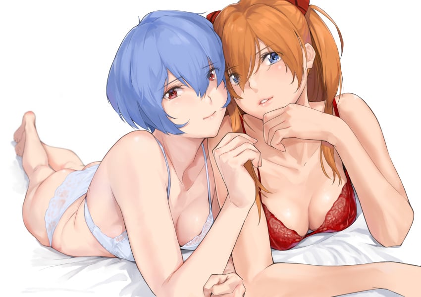 2girls ass asuka_langley_sohryu bangs bare_shoulders barefoot blue_eyes blue_hair blush bra breasts clavicle cleavage clothing color curvaceous curvy_female eyebrows_visible_through_hair eyelashes_visible_through_hair fanart feet female female_ass female_only foreshortening hair_between_eyes hair_ornament high_resolution human light-skinned_female light_skin lingerie lips long_hair looking_at_viewer lying medium_breasts multiple_girls neon_genesis_evangelion on_stomach open_mouth orange_hair pale-skinned_female pale_skin pantsu parted_lips pink_lips pixiv red_bra red_eyes red_lingerie red_underwear rei_ayanami shiny shiny_skin short_hair side_butt smooth_skin thighs underwear underwear_only very_high_resolution voluptuous white_background white_bra white_lingerie white_panties white_underwear yamaishi yamaishi108 yamaishi_(mukoubuti)