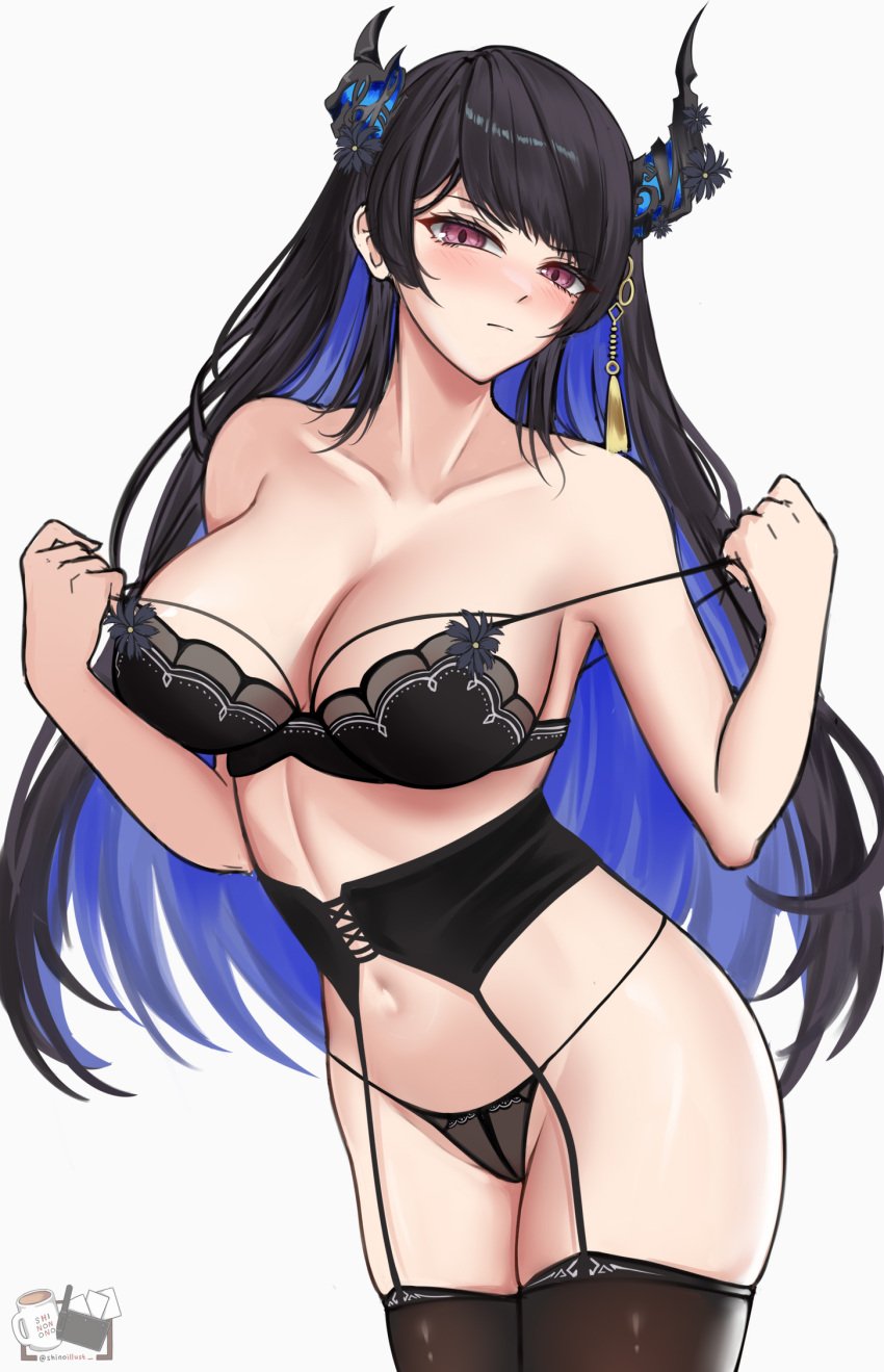 1girls blush blushing_at_viewer bra female female_only hololive hololive_english hololive_english_-advent- lace lace_trimmed_bra light-skinned_female light_skin lingerie lingerie_only looking_at_viewer nerissa_ravencroft shinoillust solo undressing virtual_youtuber watermark