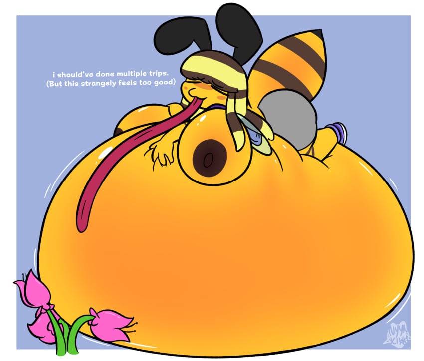 antennae_(anatomy) anthro areola arthropod arthropod_abdomen ass bee belly belly_expansion belly_inflation bie_(beefuccer) big_belly big_breasts big_butt black_sclera blush bottomwear breasts brown_hair brown_nipples clothed clothing dialogue expansion female flower foamytail footwear fur glistening glistening_belly glistening_breasts hair hand_on_own_belly hands_on_belly hi_res huge_breasts huge_butt huge_thighs hymenopteran hyper hyper_belly hyper_breasts inflation insects liquid_inflation long_tongue lying multicolored_hair neck_tuft nipples on_front pink_flower plant purple_eyes resting_on_belly shirt shoes simple_background smile solo striped_hair text thick_thighs tongue topwear tuft wide_hips wings yellow_body