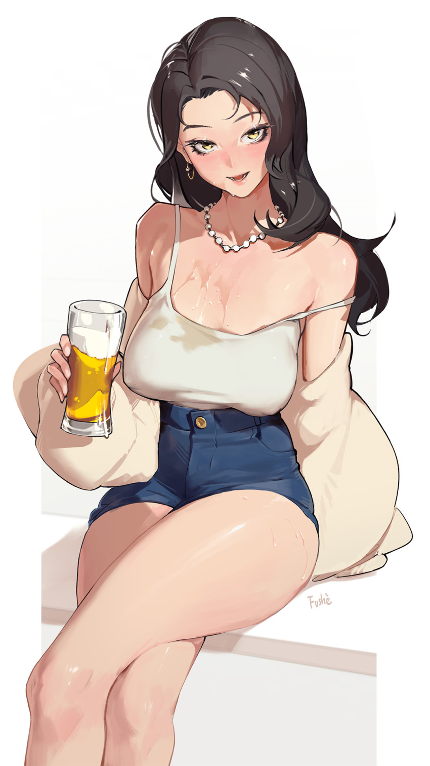 1girls 2023 alcohol artist_name bare_legs bare_shoulders beer black_hair blush breasts camisole cleavage clothing crossed_legs cup drinking_glass drunk earrings female female_only fushe highres holding_cup jacket jewelry large_breasts light-skinned_female light_skin long_hair looking_at_viewer necklace nipple_bulge open_mouth original puffy_sleeves short_shorts shorts signature simple_background sitting smile solo spaghetti_strap strap_slip teeth thick_thighs thighs tongue wavy_hair wet white_background white_camisole yellow_eyes