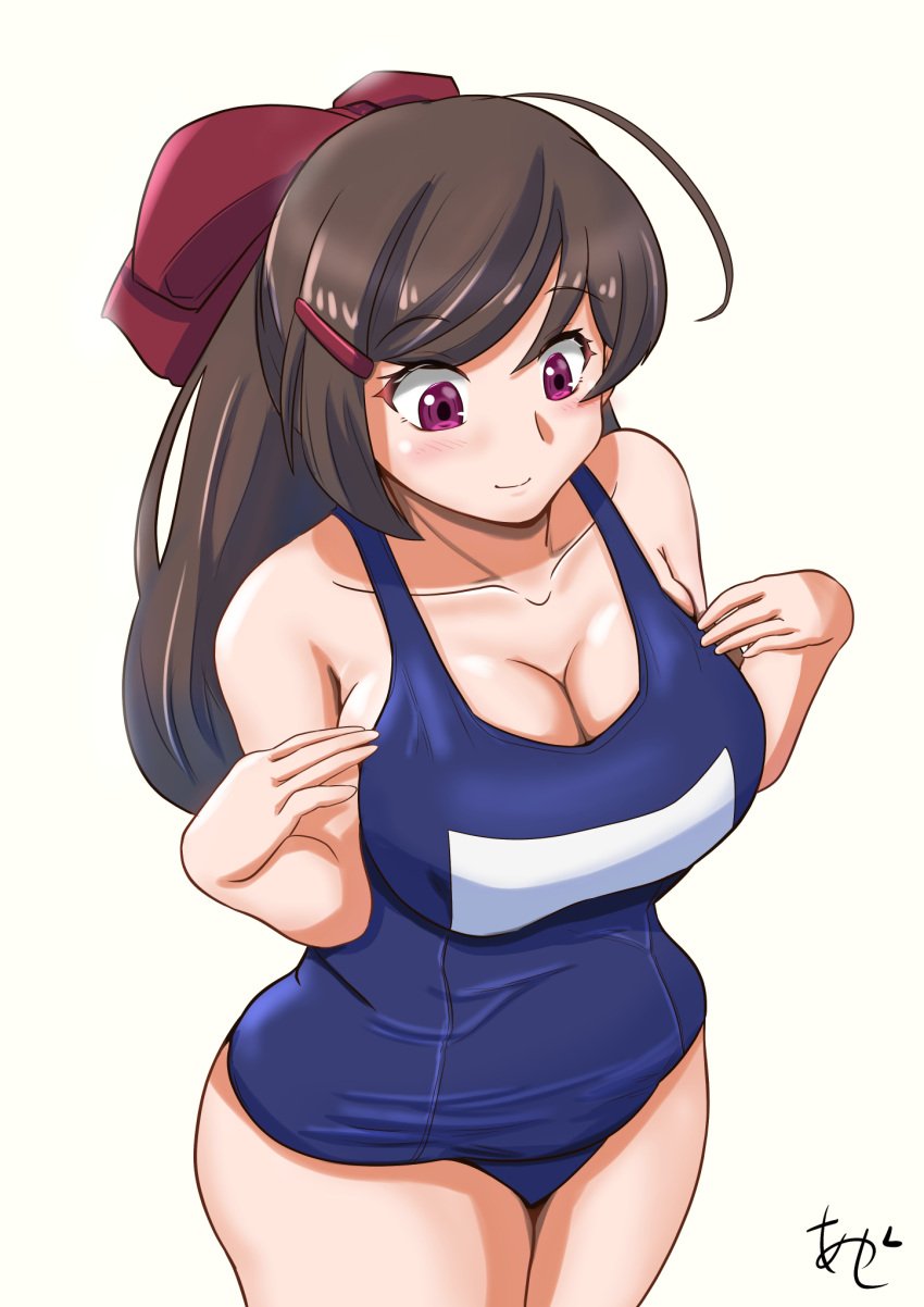 akashieru alternate_costume breasts brown_hair female female_only hair_ribbon highres huge_breasts kantai_collection large_breasts long_hair mamiya_(kantai_collection) pink_eyes ponytail ribbon swimsuit