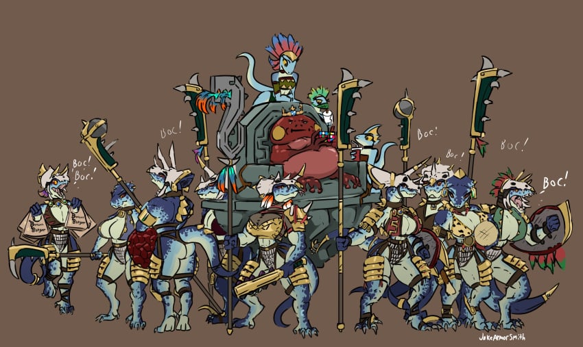 absurd_res anthro armor ass bag biceps big_breasts big_butt bikini_armor blue_body bra breasts chair claws cleavage clothed clothing digital_media_(artwork) english_text female food front_view furniture group headgear headwear hi_res jakearmorsmith jewelry lizard lizardman lizardman_(warhammer_fantasy) melee_weapon midriff muscular muscular_thighs on_chair open_mouth rear_view reptile saurus scales scalie shield simple_background sitting sitting_on_chair skimpy skink_(warhammer_fantasy) slann text thick_thighs throne tongue tongue_out triceps unconvincing_armor underwear warhammer_(franchise) warhammer_fantasy weapon wide_hips