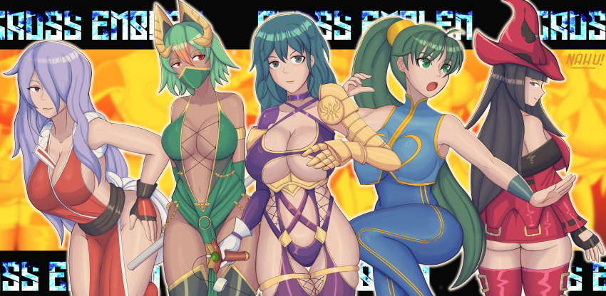 5girls alternate_costume ass breasts byleth_(fire_emblem) byleth_(fire_emblem)_(female) camilla_(fire_emblem) center_opening chun-li_(cosplay) cleavage cosplay crossover fatal_fury female female_only fire_emblem fire_emblem:_the_blazing_blade fire_emblem:_three_houses fire_emblem_awakening fire_emblem_fates fire_emblem_heroes guilty_gear hair_over_one_eye i-no_(cosplay) isabella_valentine isabella_valentine_(cosplay) jade_(mortal_kombat)_(cosplay) king_of_fighters laegjarn_(fire_emblem) leotard long_hair lyn_(fire_emblem) mai_shiranui_(cosplay) mask medium_hair mortal_kombat mouth_mask nahusmash navel nintendo pelvic_curtain revealing_clothes short_hair sleeveless_bodysuit soul_calibur street_fighter tharja_(fire_emblem)