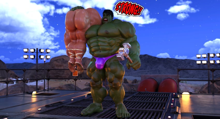 2boys 3d 3d_(artwork) ass beefy bulge carrying carrying_over_shoulder defeated defeated_hero defeated_male dominated domination gay green-skinned_male green_skin hammer hulk hulk_(series) human light-skinned_male light_skin luckystallion male male/male male_dominating_male male_only male_ryona marvel muscular muscular_ass muscular_males studs text thor_(marvel) thor_(series) tight_clothing weapon yaoi