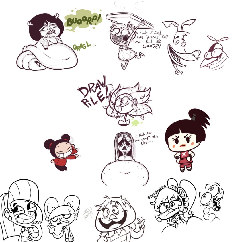 7girls :3 anthro burping crossover dustindemon huge_belly immobile jing_jing_(pucca) misery_(ruby_gloom) morbidly_obese pucca pucca_(franchise) ruby_gloom ruby_gloom_(franchise) sketch weight_gain