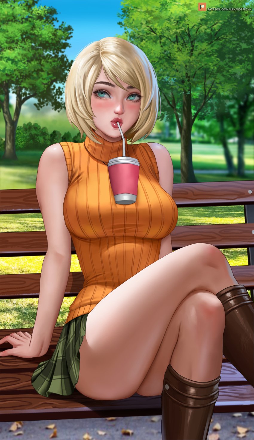 1girls absurd_res absurdres alexander_dinh arm_support ashley_graham ashley_graham_(ella_freya) athletic athletic_female bare_arms bare_thighs bench beverage big_breasts blonde_hair boots breasts brown_boots bubble_tea_challenge busty capcom clothed clothed_female clothing cup cute_face day drink drinking drinking_straw female female_only green_eyes green_skirt high_resolution highres large_breasts large_filesize legs legs_crossed light-skinned_female light_skin necklace orange_clothing orange_sweater outdoors outside park park_bench resident_evil resident_evil_4 resident_evil_4_remake short_hair short_skirt sitting sitting_down sitting_on_bench skirt sleeveless sleeveless_sweater solo straw sweater thighs tree trees turtleneck_sweater very_high_resolution