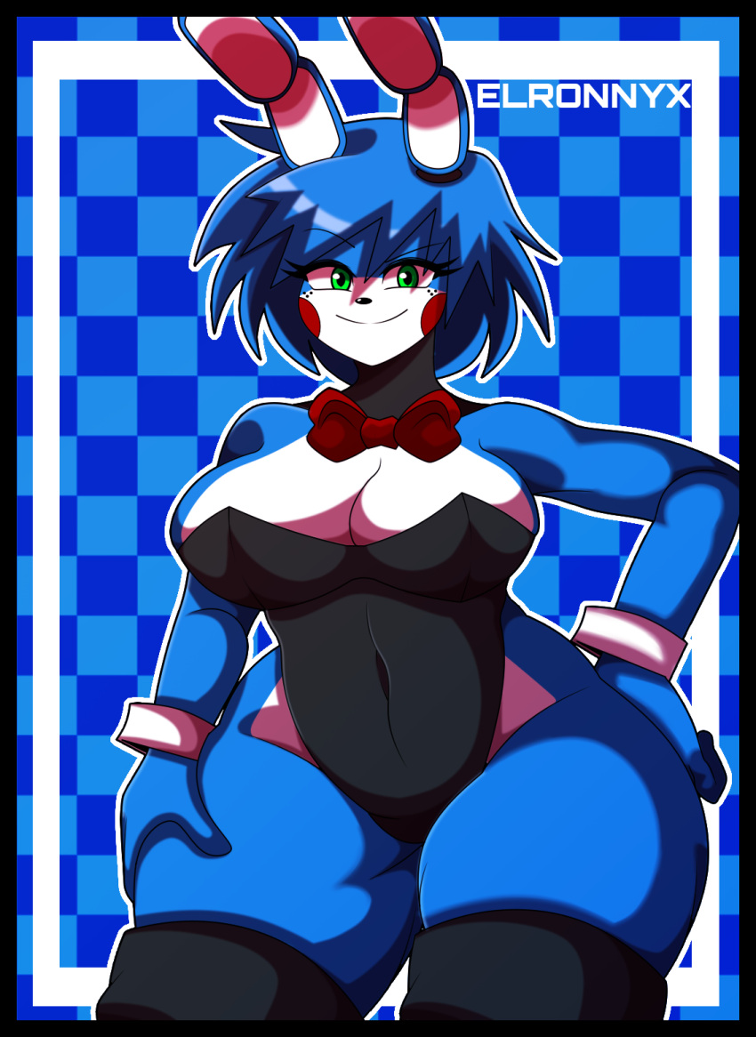 1girls anthro artist_name big_breasts black_legwear blue_fur blue_hair bonnie_(fnaf) bowtie breasts bright_colors bunny_girl bunnysuit cleavage cleavage_overflow colored curvy elronnyx female female_focus female_only five_nights_at_freddy's five_nights_in_anime freckles genderswap_(mtf) green_eyes hi_res hourglass_figure raised_eyebrow robot robot_girl rule_63 scottgames smile thick_thighs thighhighs toy_bonnie toy_bonnie_(fnaf) toy_bonnie_(fnia) voluptuous voluptuous_female wide_hips