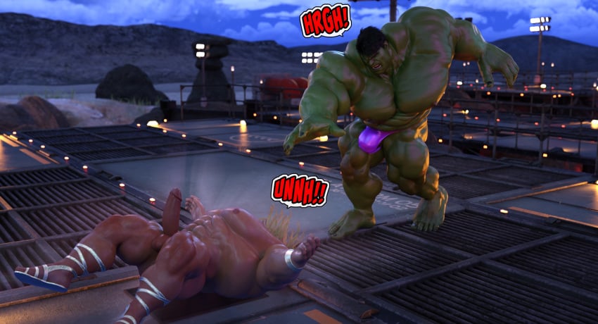 2boys 3d 3d_(artwork) bara beefy bulge erection excessive_muscles extreme_muscles fighting gay green-skinned_male green_skin hard_cock hard_on hulk hulk_(series) human light-skinned_male light_skin luckystallion male male/male male_only male_ryona marvel muscular muscular_male text thor_(marvel) thor_(series) thrown tight_clothing yaoi