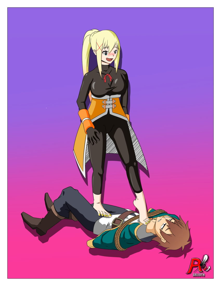 1boy 1girls arlioth barefoot blonde_hair blue_eyes blush bondage brown_hair brunette clothed_sex darkness_(konosuba) denki_anma dominant_female dubious_consent feet female femdom foot_domination foot_fetish footjob footjob_over_clothes humiliation imminent_rape kono_subarashii_sekai_ni_shukufuku_wo! male nail_polish satou_kazuma standing standing_footjob standing_on_person stepped_on stepping_on_chest stepping_on_penis straight submissive_male tall_female taller_girl trample trampling