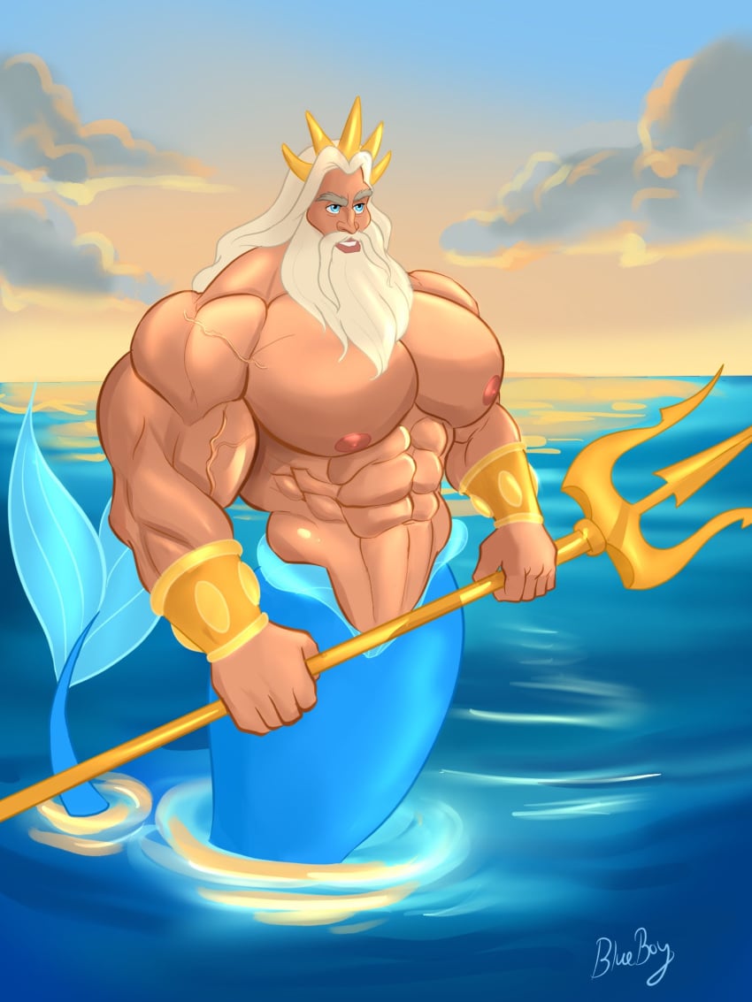 abs beard biceps big_chest big_pecs blueboybara bulging_biceps crown daddy dilf disney fish_tail huge_chest huge_pecs in_water king_triton long_hair male male_only merman muscle_growth muscles muscular muscular_male outdoors outside pecs shirtless_male silver_fox smooth_chest smooth_skin the_little_mermaid trident