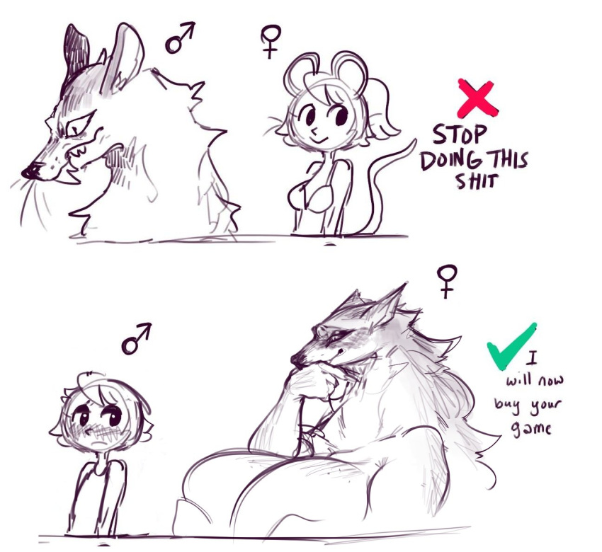 anthro big_breasts blush busty digital_media_(artwork) frown furry goonie-san i_will_now_buy_your_game_meme larger_female larger_female_smaller_male looking_at_another meme rat size_difference sketch