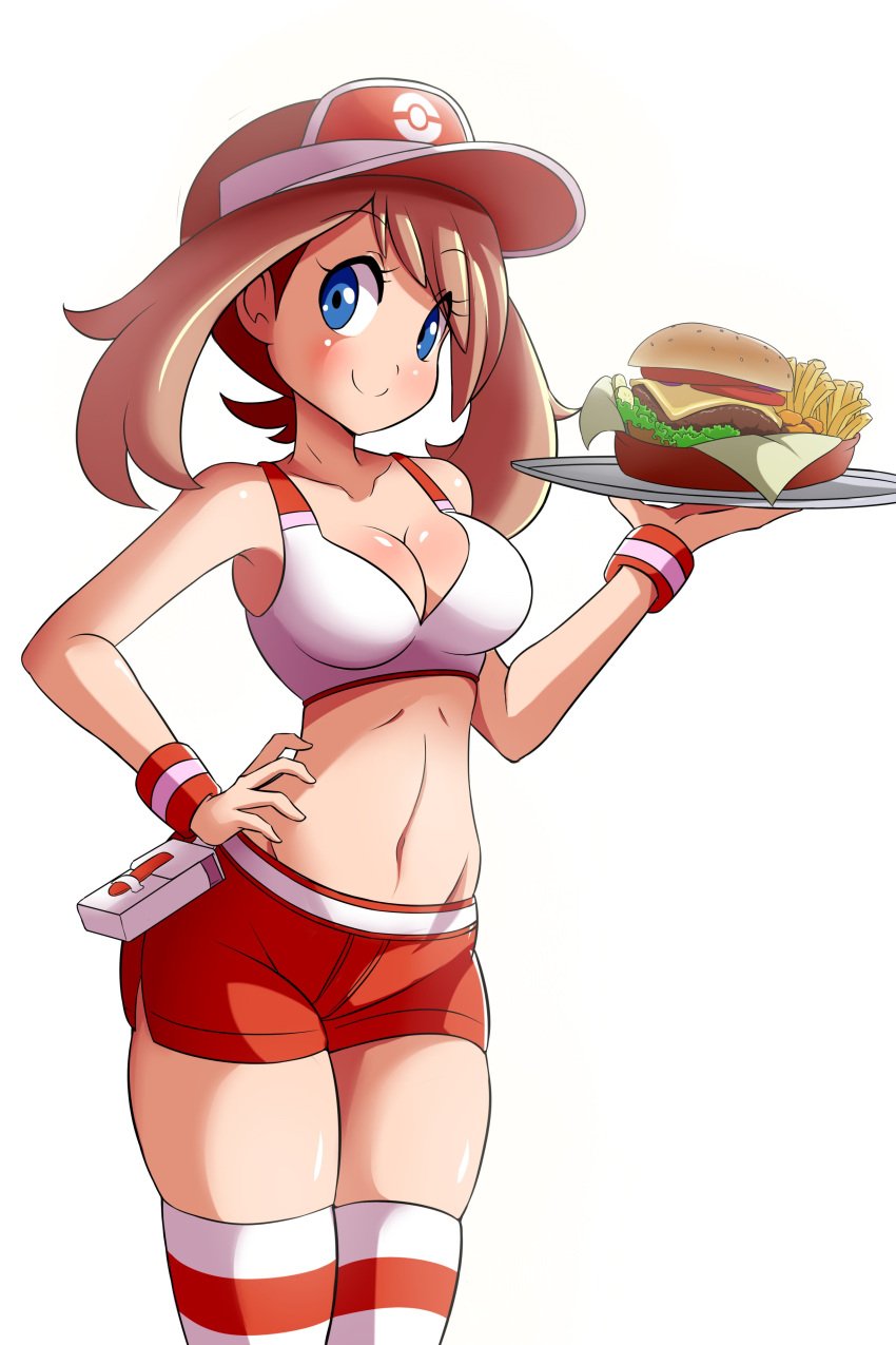 big_breasts blue_eyes booty_shorts breasts brunette burger cheese cleavage cucumber cucumber_slice female female_focus female_only food fries hamburger hamburger_bun human jpeg lettuce lucyfercomic may_(pokemon) may_(pokemon_oras) midriff nintendo onion pokemon pokemon_oras smiling smiling_at_viewer stockings striped_legwear teenager thick_thighs tomato visor_cap white_body white_bra white_skin wide_hips wristband