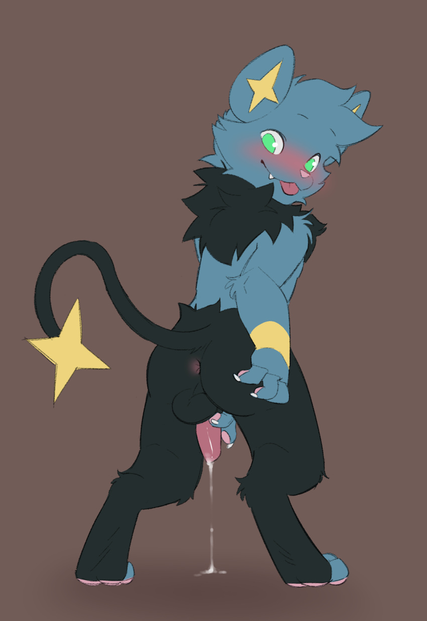 anthro anus ass backsack balls blush bodily_fluids cum decodecker digitigrade generation_4_pokemon genital_fluids genitals green_eyes hi_res holding_penis leaking_cum looking_at_viewer looking_back male nails neck_tuft nintendo penis pokemon pokemon_(species) presenting shinx simple_background solo tail tapering_penis tongue tongue_out tuft