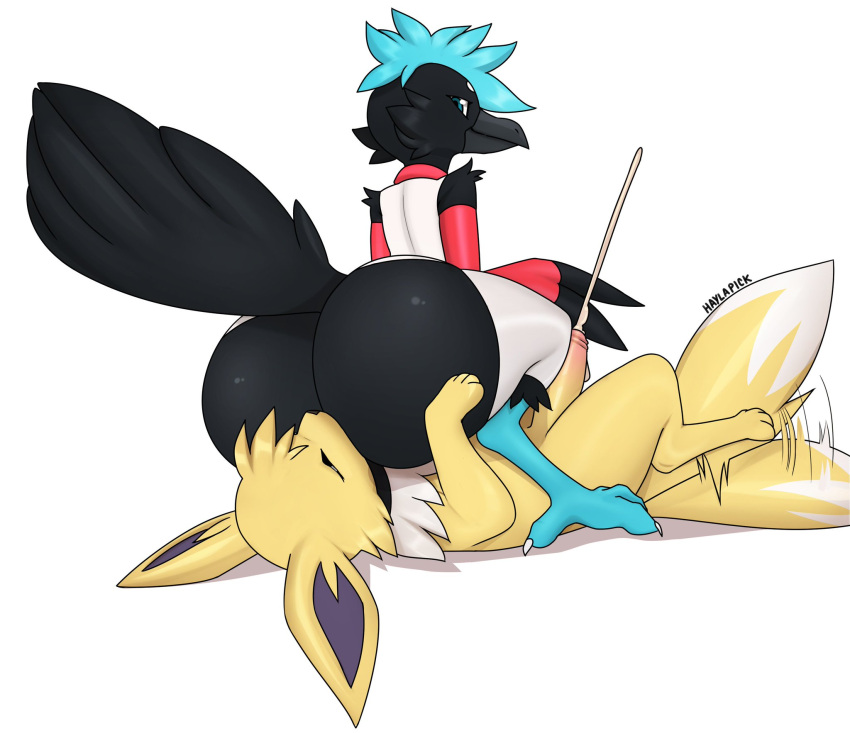 anthro avian bird bodily_fluids clothing corvid corvus_(genus) crow cum duo eeveelution enzo_(m76254b) facesitting feral generation_1_pokemon genital_fluids haylapick hi_res honey_(hindsy) jolteon male male/male nintendo nurse_clothing nurse_uniform oscine passerine pokemon pokemon_(species) sitting_on_another tail tail_motion tailwag uniform