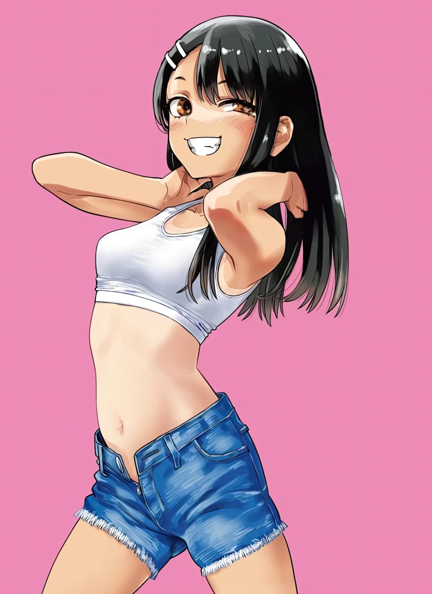 1girls 2020s 2023 774_(nanashi) accurate_art_style anime armpit arms_behind_head arms_up belly belly_button black_hair blue_bottomwear blush brown_eyes crop_top denim_shorts edit edited female female_only front_view happy hayase_nagatoro highres legs_apart light-skinned_female light_skin looking_at_viewer manga midriff moderate_tomboy official_art official_artwork_edit one_leg_forward open_clothing open_fly pink_background please_don't_bully_me,_nagatoro shiny_hair shiny_skin shorts simple_background small_breasts smile smiling smiling_at_viewer solo solo_female standing stomach tan_body tank_top tanned tanned_female tanned_girl tanned_skin teenage_girl teenager teeth teeth_showing third-party_edit tomboy unbuttoned_bottomwear unknown_editor unknown_source unzipped_bottomwear white_shirt white_topwear zipper zipper_down