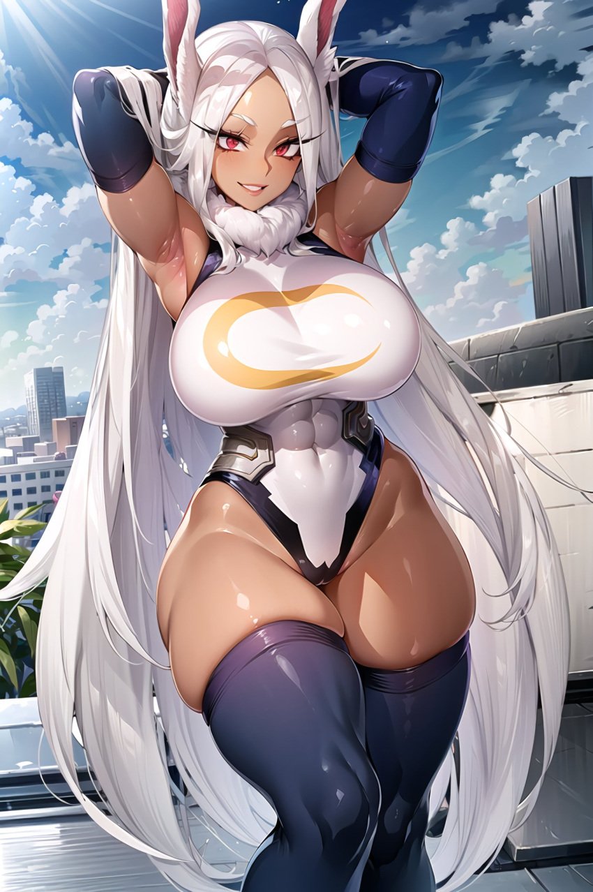 ai_generated bunny_ears bunny_girl bunnysuit curvy_body curvy_female curvy_figure female female_focus female_only leotard long_hair looking_at_viewer miruko my_hero_academia red_eyes republic_of_ai rumi_usagiyama stable_diffusion white_hair