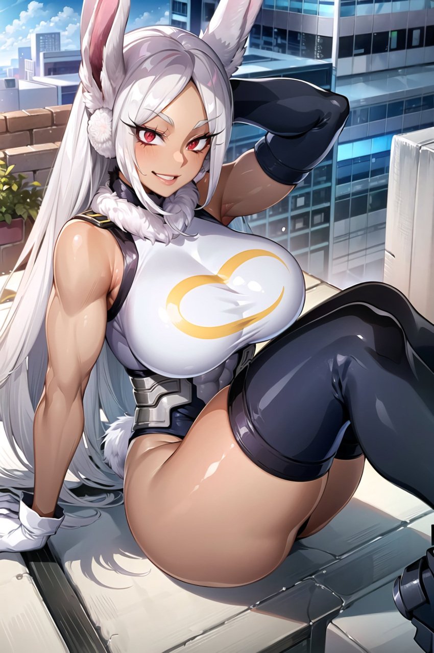 ai_generated bunny_ears bunny_girl bunnysuit curvaceous curvy_body curvy_female female female_focus female_only highres huge_breasts leotard long_hair looking_at_viewer miruko my_hero_academia red_eyes republic_of_ai rumi_usagiyama stable_diffusion white_hair