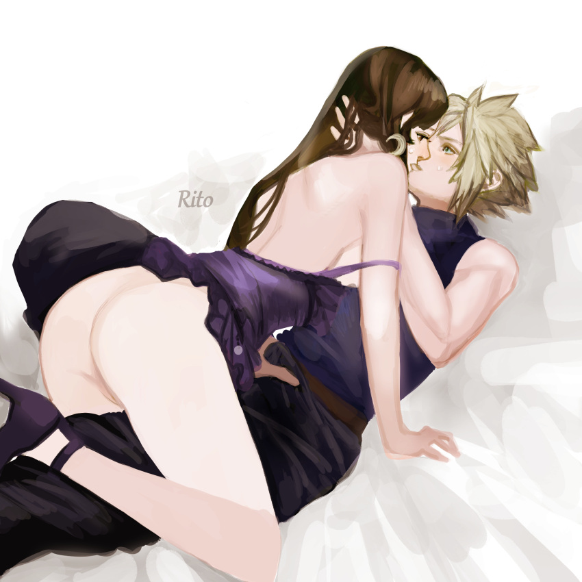 2d 2d_(artwork) ass big_ass big_breasts blonde_hair breasts bubble_butt cloud_strife couple earrings erection_under_clothes final_fantasy final_fantasy_vii grabbing_bulge grabbing_penis groping innie_pussy kissing masturbation passionate pussy rito_(artist) romantic romantic_couple smooth_skin thick_ass thick_thighs tifa_lockhart vagina