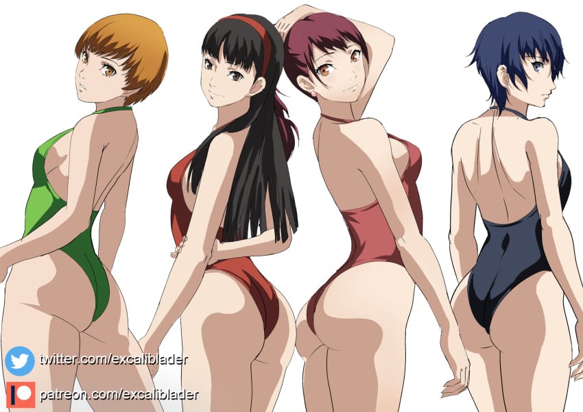 4girls alternate_costume amagi_yukiko ass atlus backless_outfit backless_swimsuit black_hair blue_hair blue_swimsuit brown_hair excaliblader female female_only green_swimsuit kujikawa_rise long_hair multiple_girls one-piece_swimsuit persona persona_4 pink_swimsuit rear_view red_swimsuit satonaka_chie shirogane_naoto short_hair sideboob tomboy twintails