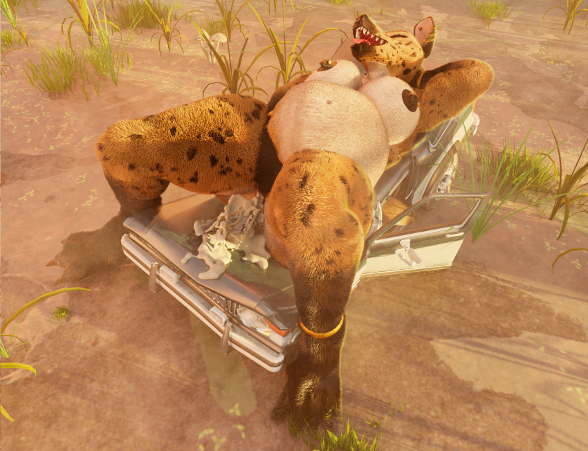 3d_(artwork) anthro belly big_belly big_breasts blender_cycles breasts canid canine crush destruction digital_media_(artwork) female hi_res hyena macro mammal muscular muscular_female nipples nude parovozik smile swamp vehicle vore