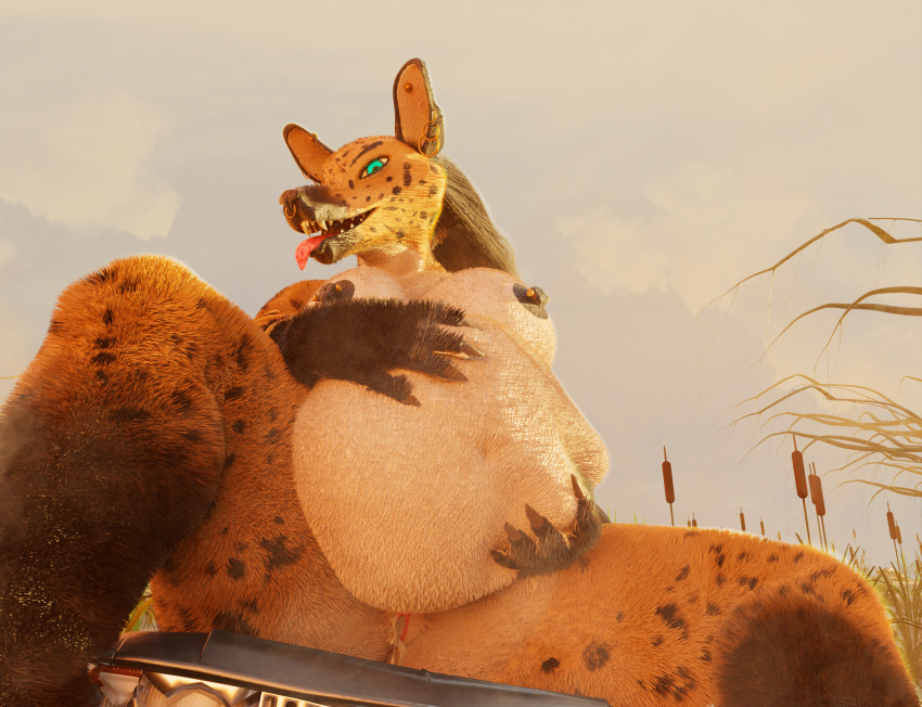 3d_(artwork) anthro belly big_belly big_breasts blender_cycles breasts canid canine crush destruction digital_media_(artwork) female hi_res hyena macro mammal muscular muscular_female nipples nude parovozik smile swamp vehicle vore