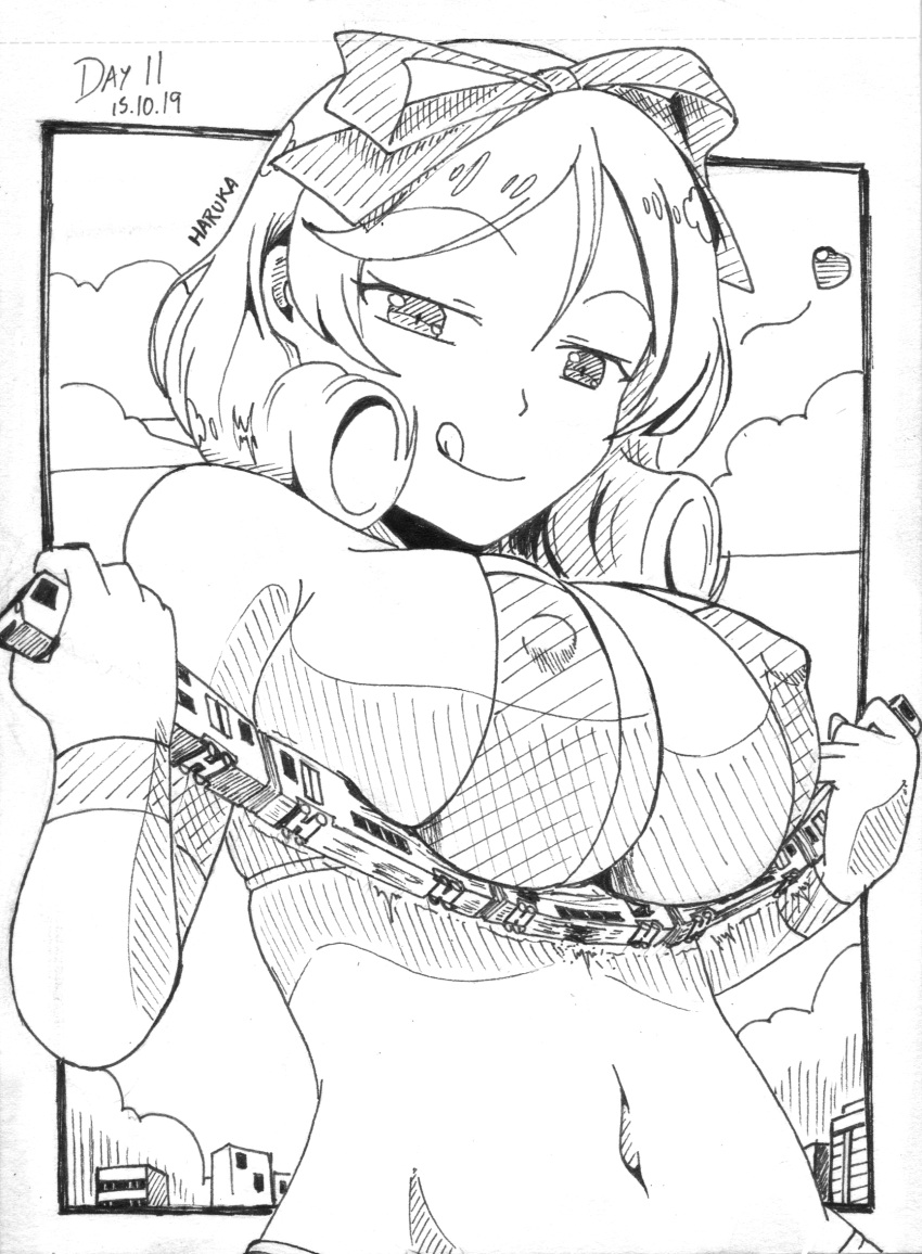 anime_style big_breasts bikini black_and_white breast breasts city cityscape destruction eyes_open giantess hank88 haruka_(senran_kagura) macrophilia mouth_closed nipples_visible_through_clothing pixiv senran_kagura short_hair tease teasing tongue_out train