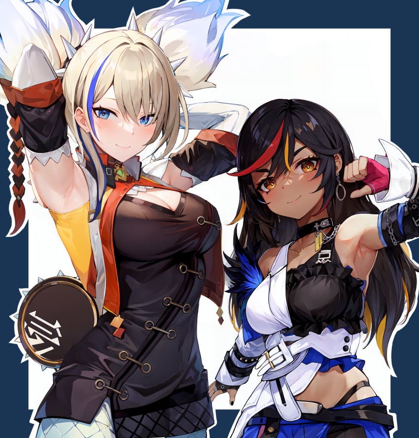 2girls ai_generated arm_up armpits arms_behind_head arms_up bangs bare_shoulders belt black_belt black_choker black_dress black_hair blonde_hair blue_eyes blue_hair blue_skirt blush border braid breasts choker cleavage closed_mouth collar costume_switch cowboy_shot dark-skinned_female dark_skin detached_sleeves earrings fingerless_gloves frills genshin_impact gloves hair_between_eyes honkai:_star_rail hoop_earrings jewelry large_breasts long_hair looking_at_viewer medium_breasts multicolored_hair multiple_girls nail_polish red_hair serval_landau serval_landau_(cosplay) shirt short_twintails shorts simple_background skirt sleeveless smile spikes stable_diffusion standing streaked_hair thick_eyebrows upper_body xinyan_(genshin_impact) xinyan_(genshin_impact)_(cosplay) xinyandegen yellow_eyes