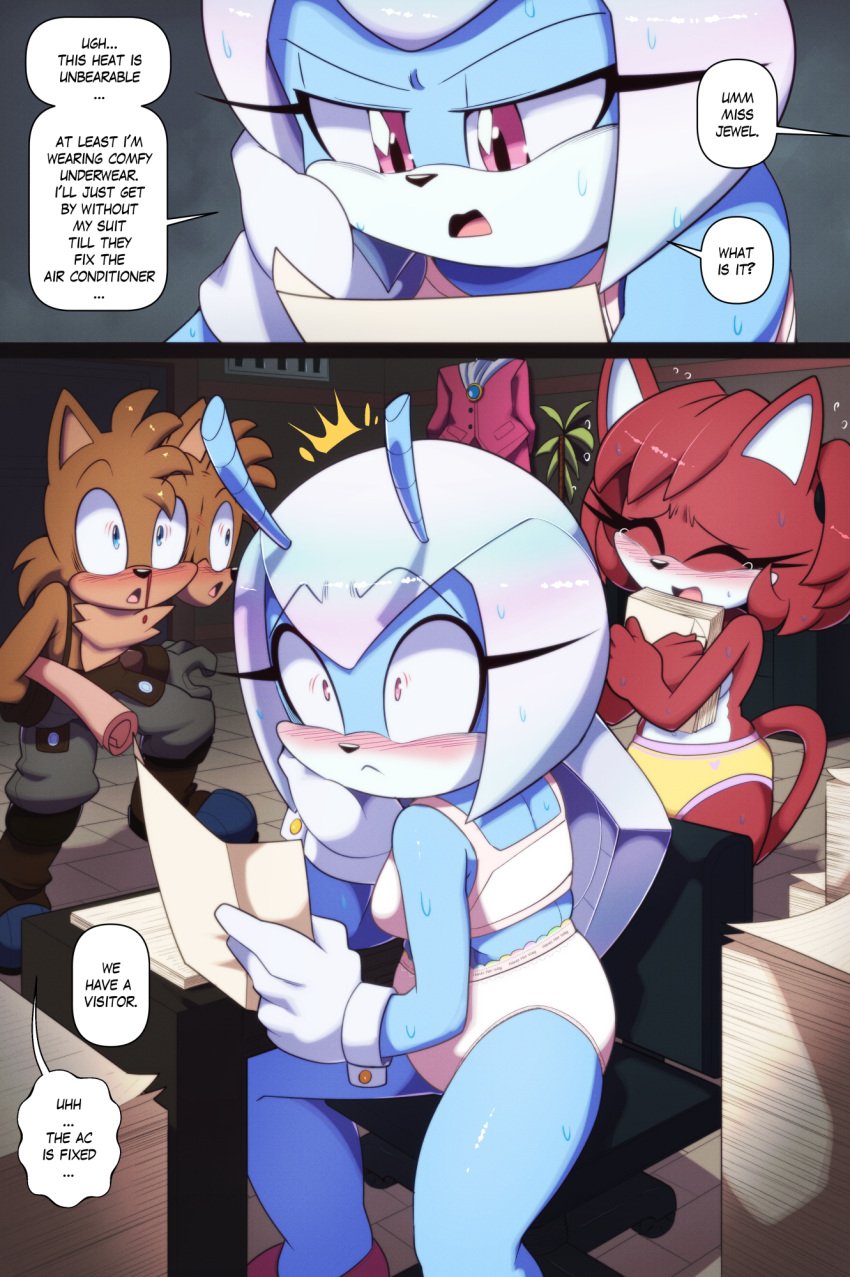 1boy 2d 2girls anthro bra casual_exposure embarrassed euf euf-dreamer female frilled_panties frills idw_comics idw_publishing jewel_the_beetle male mobian mobian_(species) mobian_beetle nosebleed office office_lady panties paper sega shoes small_pupils sonic_(series) sonic_the_hedgehog_(comics) sonic_the_hedgehog_(idw) sonic_the_hedgehog_(series) spread_legs sweat tears topless_male underwear underwear_only white_bra white_panties white_underwear