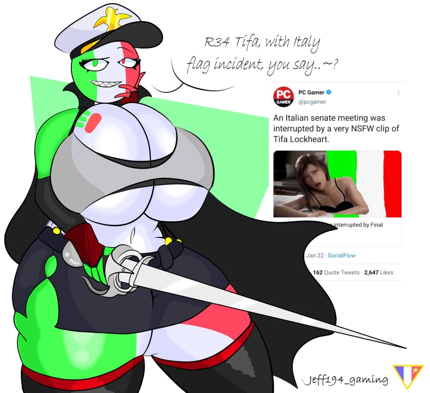 big_ass big_breasts censored countryhumans countryhumans_girl crossover english_text female female_only final_fantasy final_fantasy_vii italian_senate_hack italy italy_(countryhumans) jeff194 legwear meme shitpost square_enix text tifa_lockhart twitter