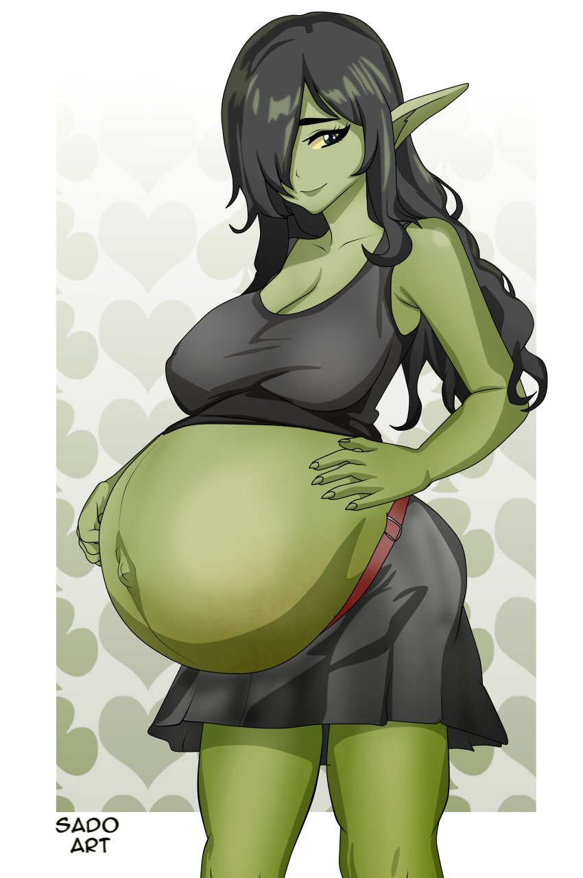 1girls belly big_belly big_breasts breasts female goblin goblin_female green_skin outie_navel pregnant sado_art