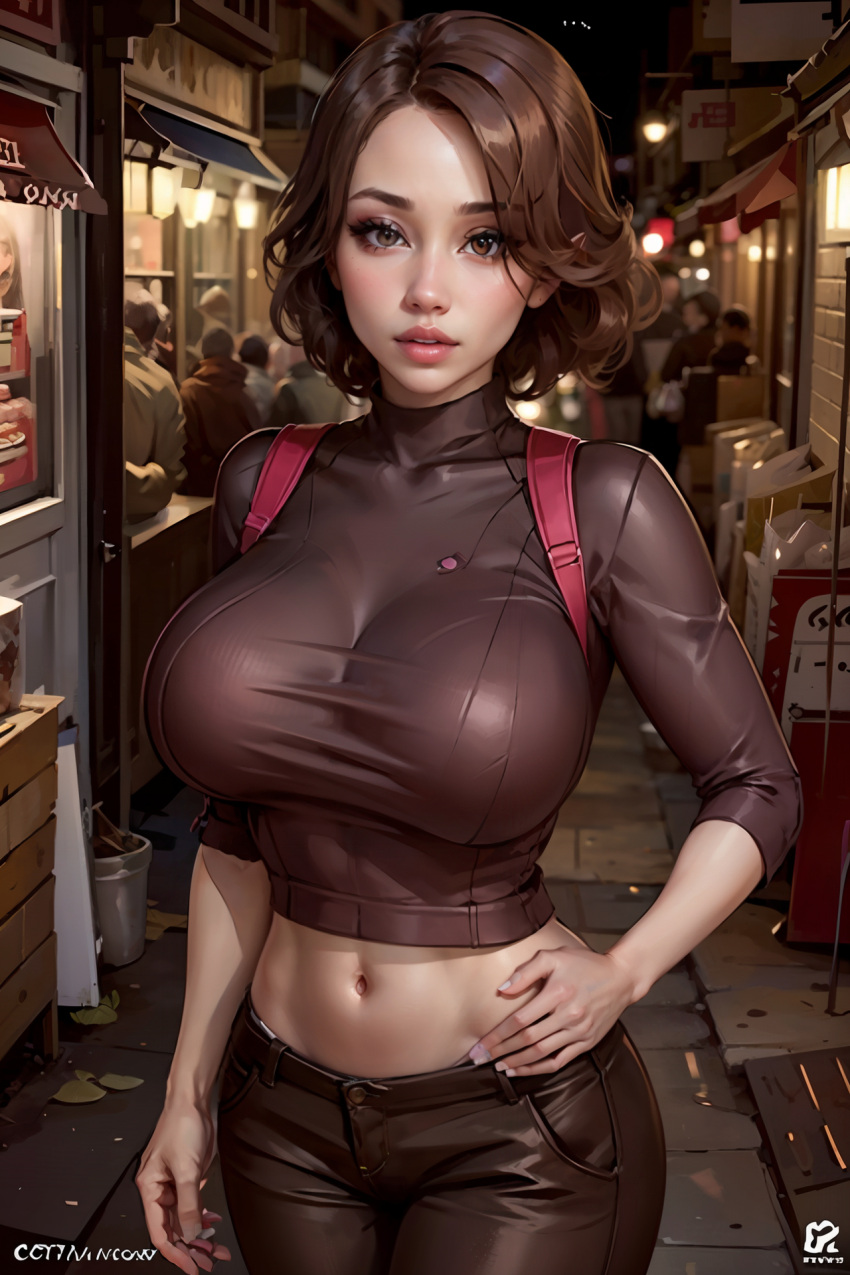 ai_generated ass ass_visible_through_thighs backpack bimbo black_eyes breasts brown_hair brown_pants curvy curvy_female doublequack hilda_(series) huge_ass huge_breasts jackker jeans johanna_(hilda) large_ass large_breasts light-skinned_female light_skin looking_at_viewer navel pants red_backpack red_sweater short_hair smile smiling smiling_at_viewer sweater voluptuous voluptuous_female