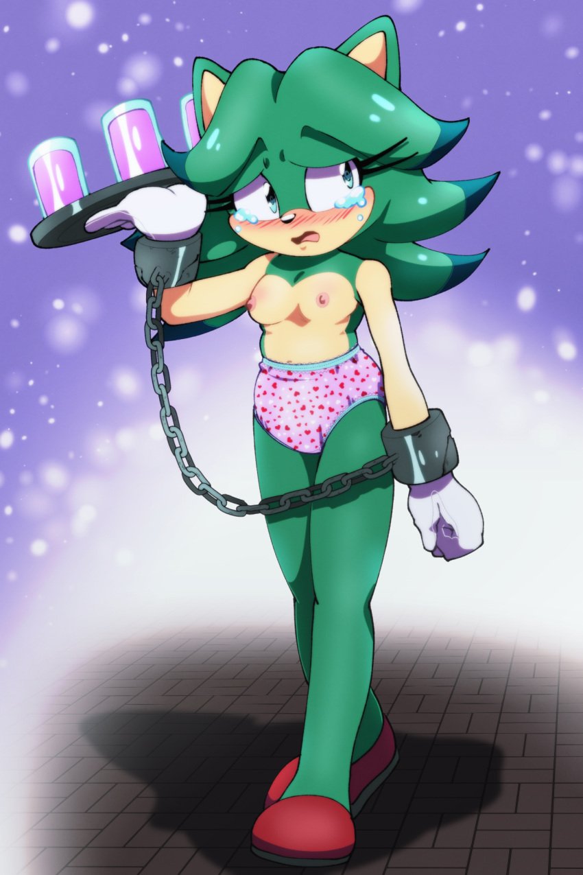 1girls anthro archie_comics blue_eyes breasts breezie_the_hedgehog breezie_the_hedgehog_(archie) chained chained_wrists chains childish_panties crying embarassed euf-dreamer eulipotyphlan eyelashes gloves green_body green_fur green_hair hedgehog highlights humiliation long_legs no_bra panties pink_panties print_panties sega servant shoes slave slavegirl solo sonic_(series) sonic_the_hedgehog_(archie) sonic_the_hedgehog_(comics) sonic_the_hedgehog_(series) tears topless topless_female underwear what