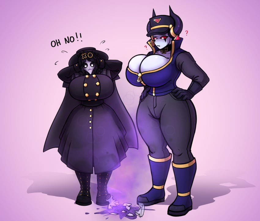 2girls big_breasts breast_expansion clothing commission countryhumans countryhumans_girl countryhumans_oc curvaceous_figure echo_chamber(ech0chamber) female female_only gloves hat horns ninibutspicy plague_doctor plaguey(dudedudette) purple_background simple_background