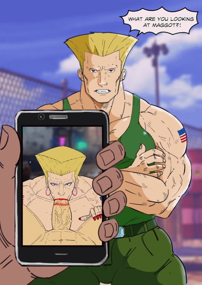 2boys animated bara blowjob blowjob_face cellphone crossdressing crossed_arms fellatio gay guile lipstick male male_only nails_painted oral ozy_(artist) penis phone_screen sex smartphone standing street_fighter yaoi