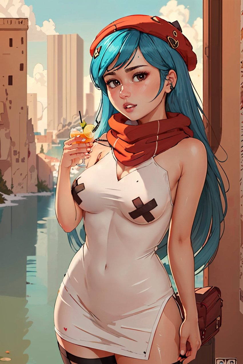 1girls aged_up ai_generated beret blue_hair breasts brown_eyes cup dress ear_piercing earrings hat hilda_(hilda) hilda_(series) holding_cup jackker light-skinned_female light_skin looking_at_viewer medium_breasts navel navel_visible_through_clothes older orange_hat orange_scarf pasties realistic scarf teenage_girl teenager thighhighs white_dress wide_hips